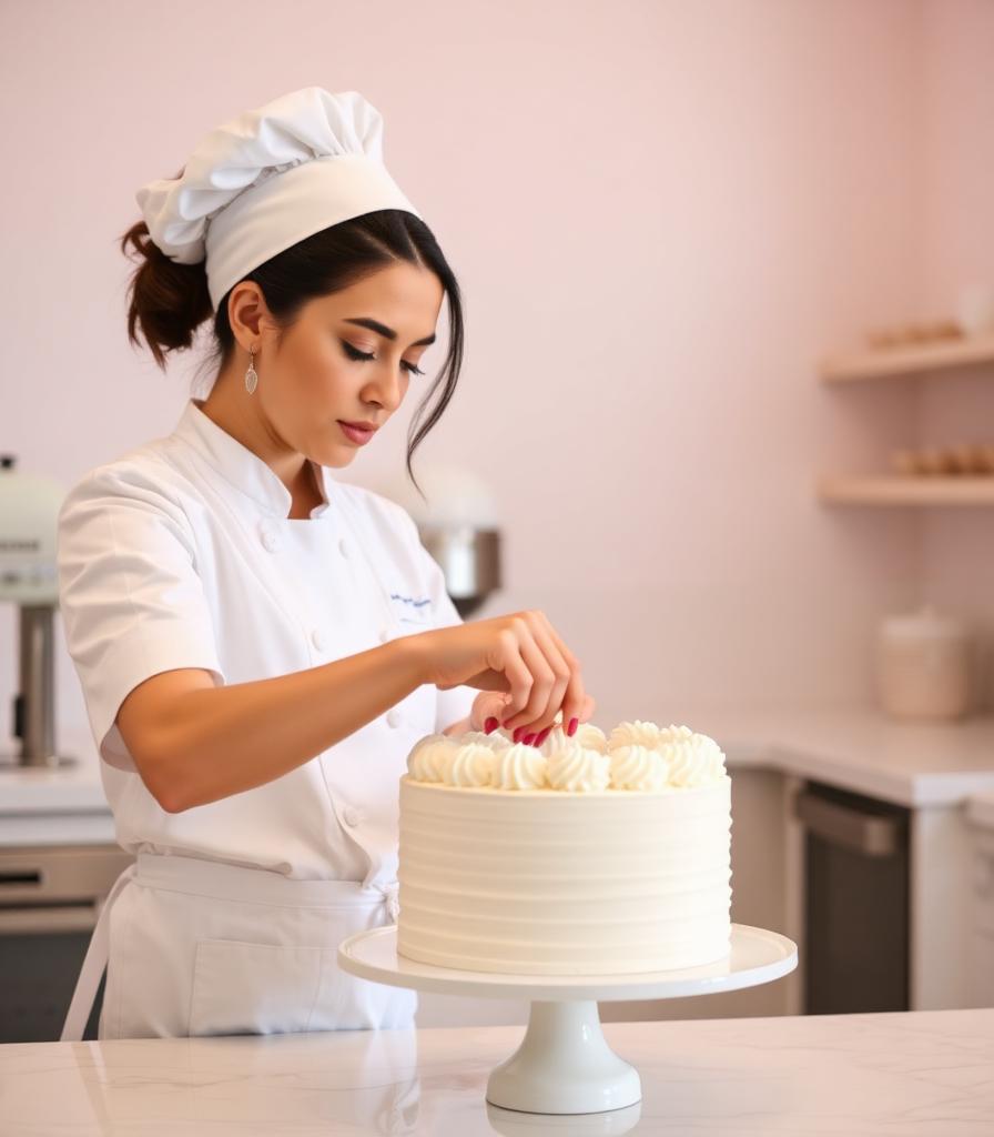 Pastry chef decorating a cake
