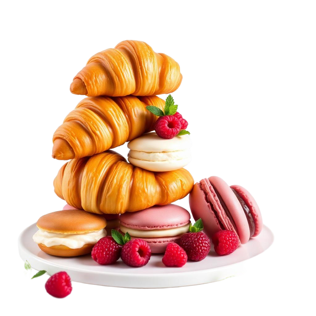 Stacked pastries with macarons and raspberries